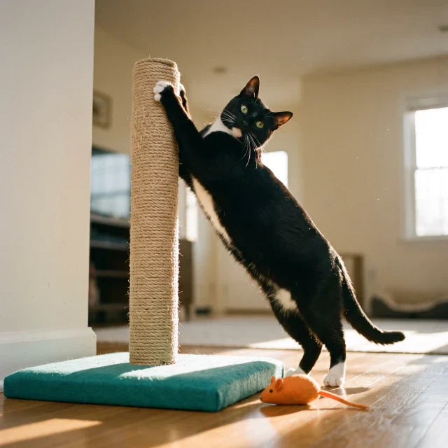 Tuxedo cat scratching a natural sisal post