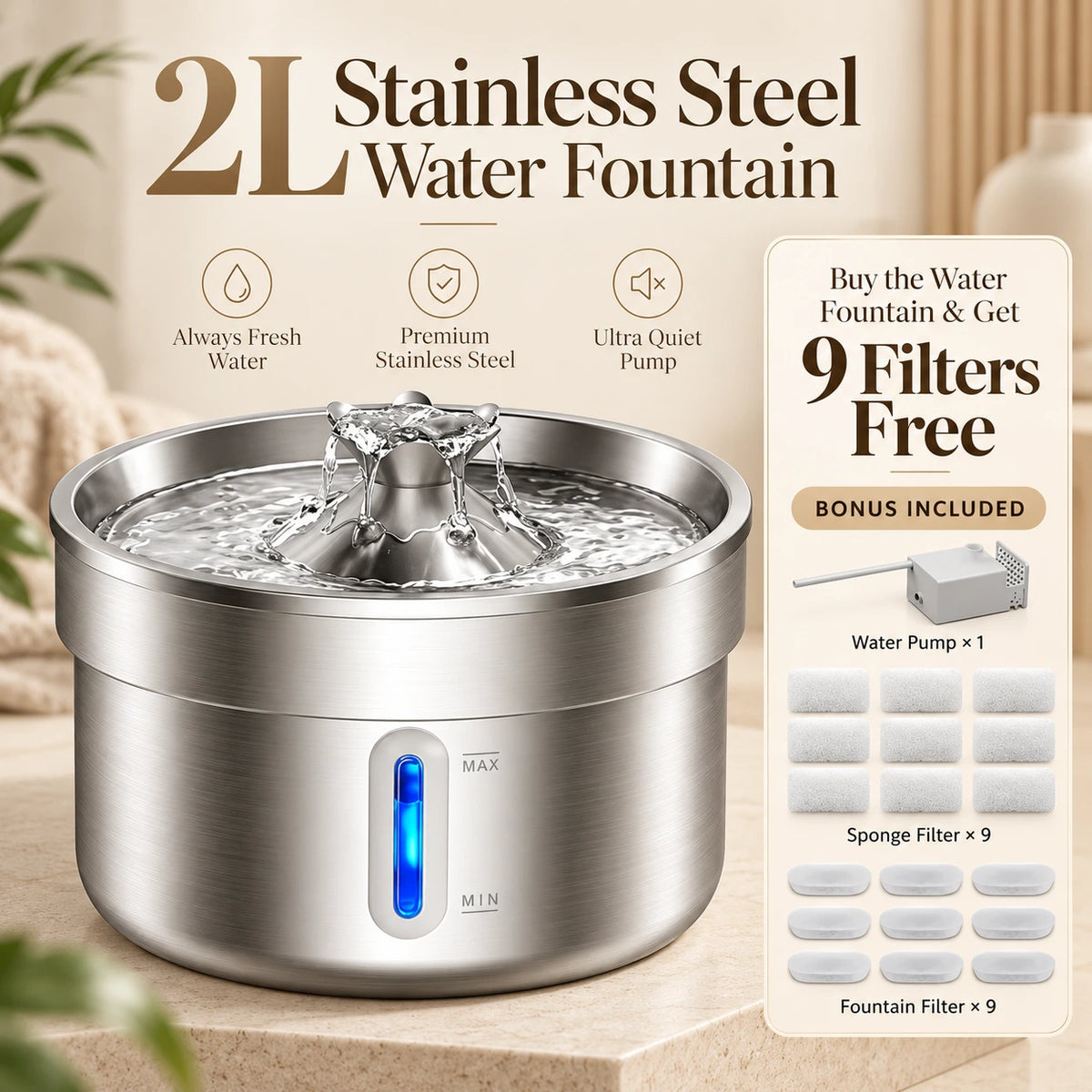 Stainless Steel Cat Water Fountain – Pet Drinking Fountain with Water Level Window