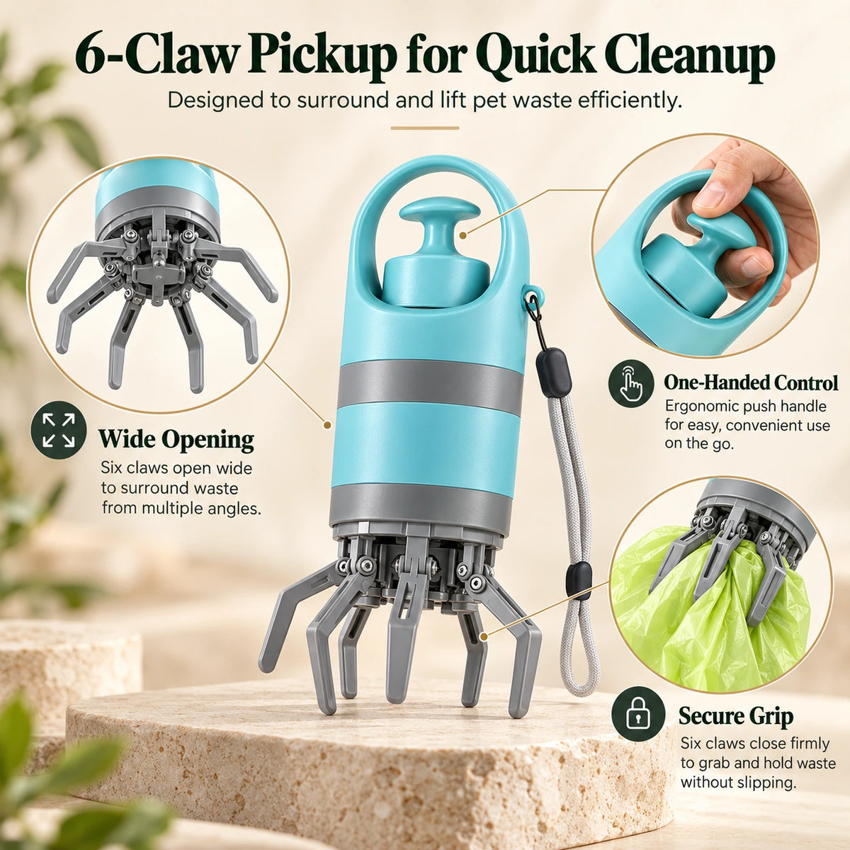 Portable dog pooper scooper with 6-claw pickup mechanism, wide opening, secure grip, and one-handed control for quick pet waste cleanup