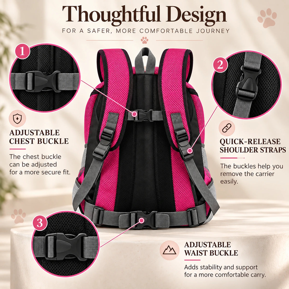 Breathable front pet carrier backpack with adjustable chest buckle, quick-release shoulder straps and waist support.
