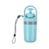 Blue portable dog pooper scooper with a black band and gray strap on a white background