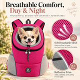 Breathable pet carrier backpack for small dogs and cats with soft mesh panels and reflective trim for low-light visibility.