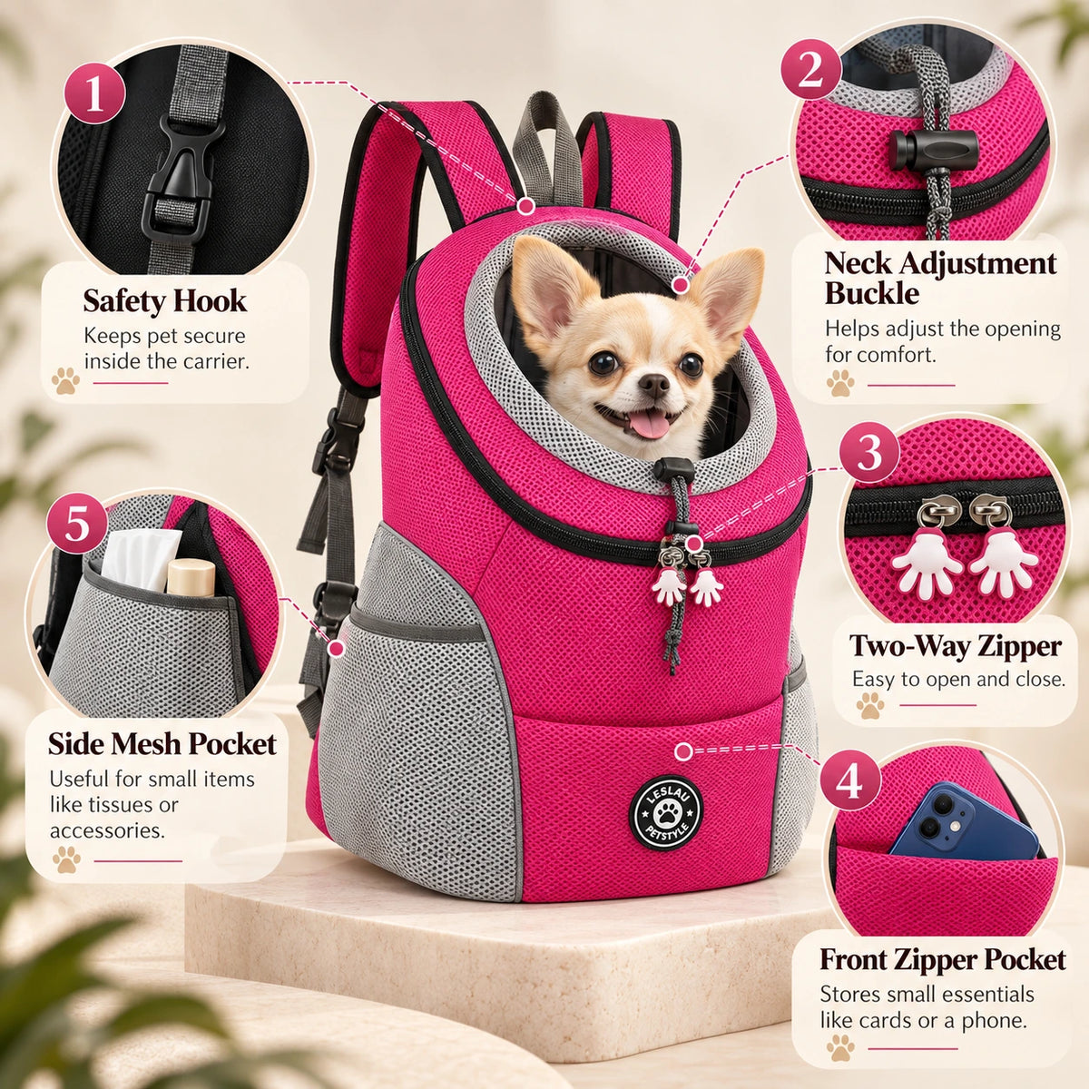 Front dog and cat carrier backpack with safety hook, neck adjustment buckle, two-way zipper and storage pockets.