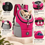 Front dog and cat carrier backpack with safety hook, neck adjustment buckle, two-way zipper and storage pockets.