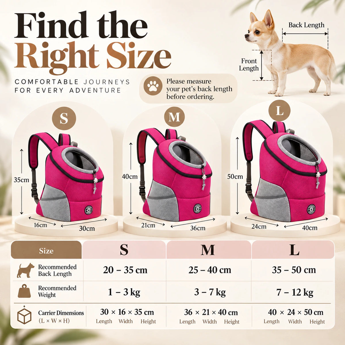 Front pet carrier backpack size guide with S, M and L measurements for small dogs and cats.
