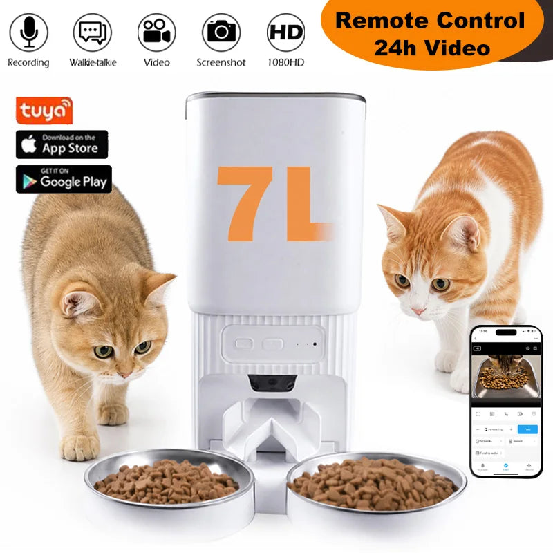 7L Smart Automatic Pet Feeder with HD Camera Double Bowls WiFi Intelligent Cat Dog Food Dispenser with Tuya App Control Remote Monitoring Two-Way Audio Voice Recorder Timer Auto Feeding for Multi Pets — imagem 1