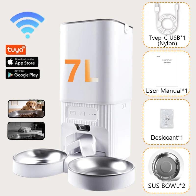7L Smart Automatic Pet Feeder with HD Camera Double Bowls WiFi Intelligent Cat Dog Food Dispenser with Tuya App Control Remote Monitoring Two-Way Audio Voice Recorder Timer Auto Feeding for Multi Pets — imagem 9