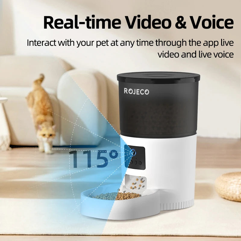 ROJECO Automatic Cat Feeder With Camera Video — detail view for dogs and cats