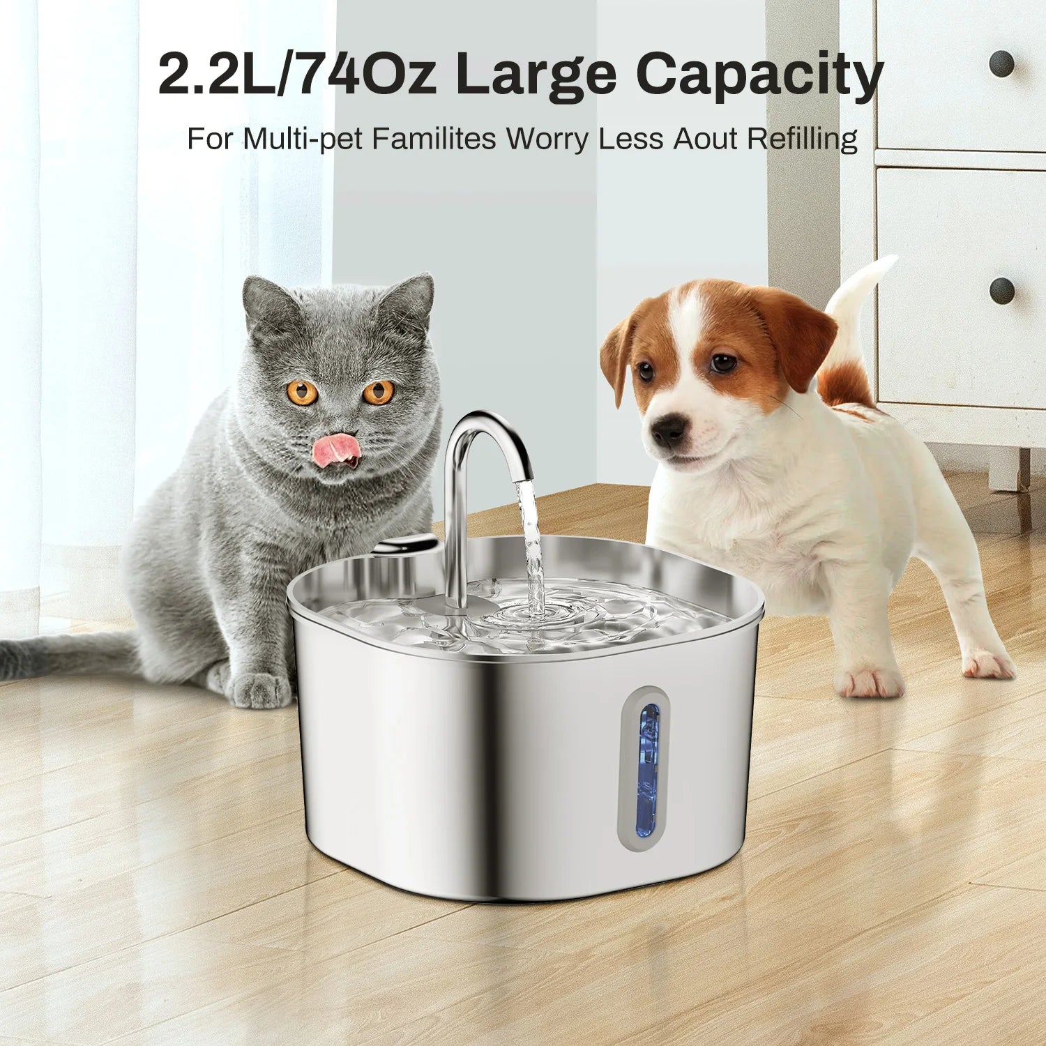 2.2L Automatic Cat Water Fountain Square Stainless Steel Pet Water Feeder Dog Water Fountain with Window（No 5V 1A Plug） — imagem 2