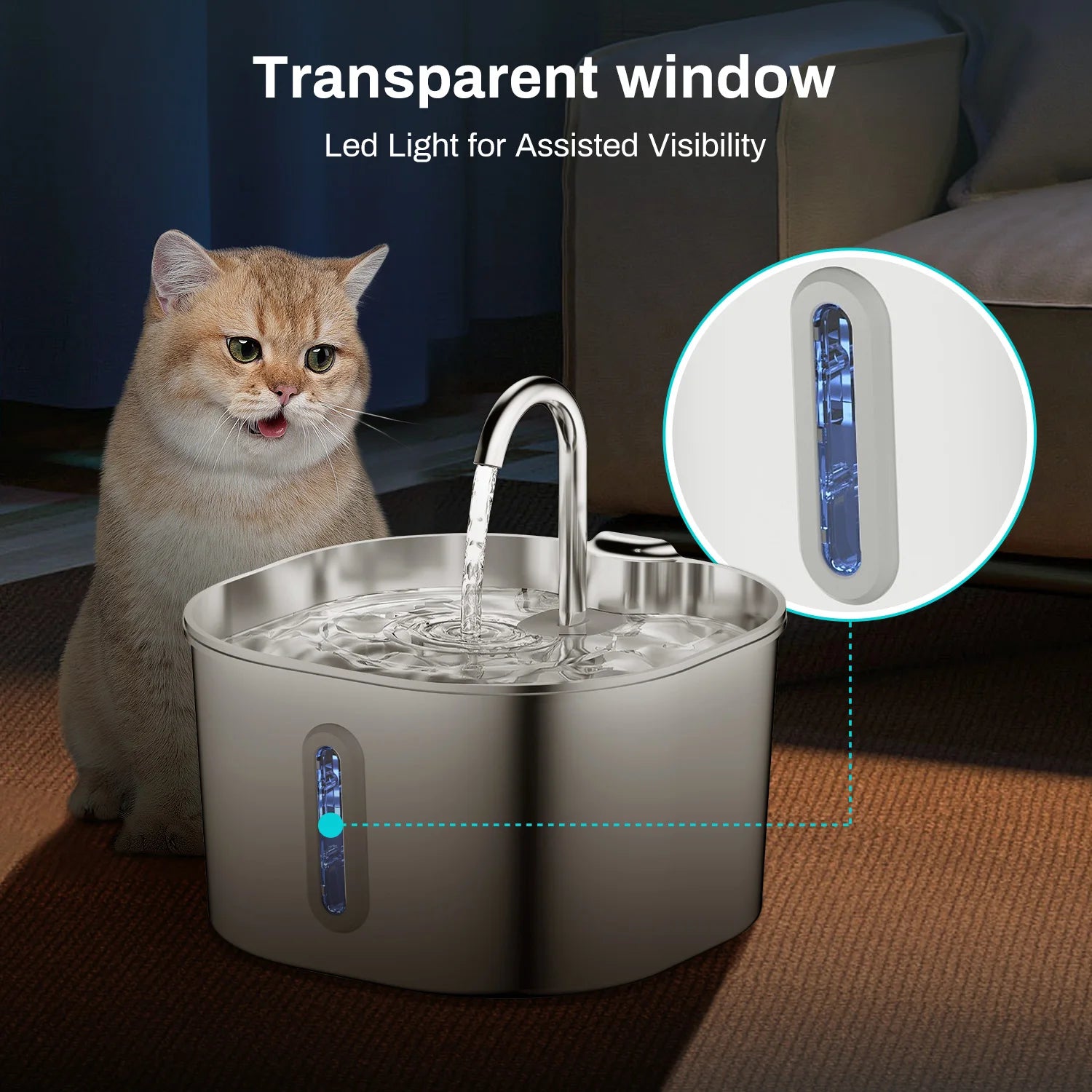 2.2L Automatic Cat Water Fountain Square Stainless Steel Pet Water Feeder Dog Water Fountain with Window（No 5V 1A Plug） — imagem 5