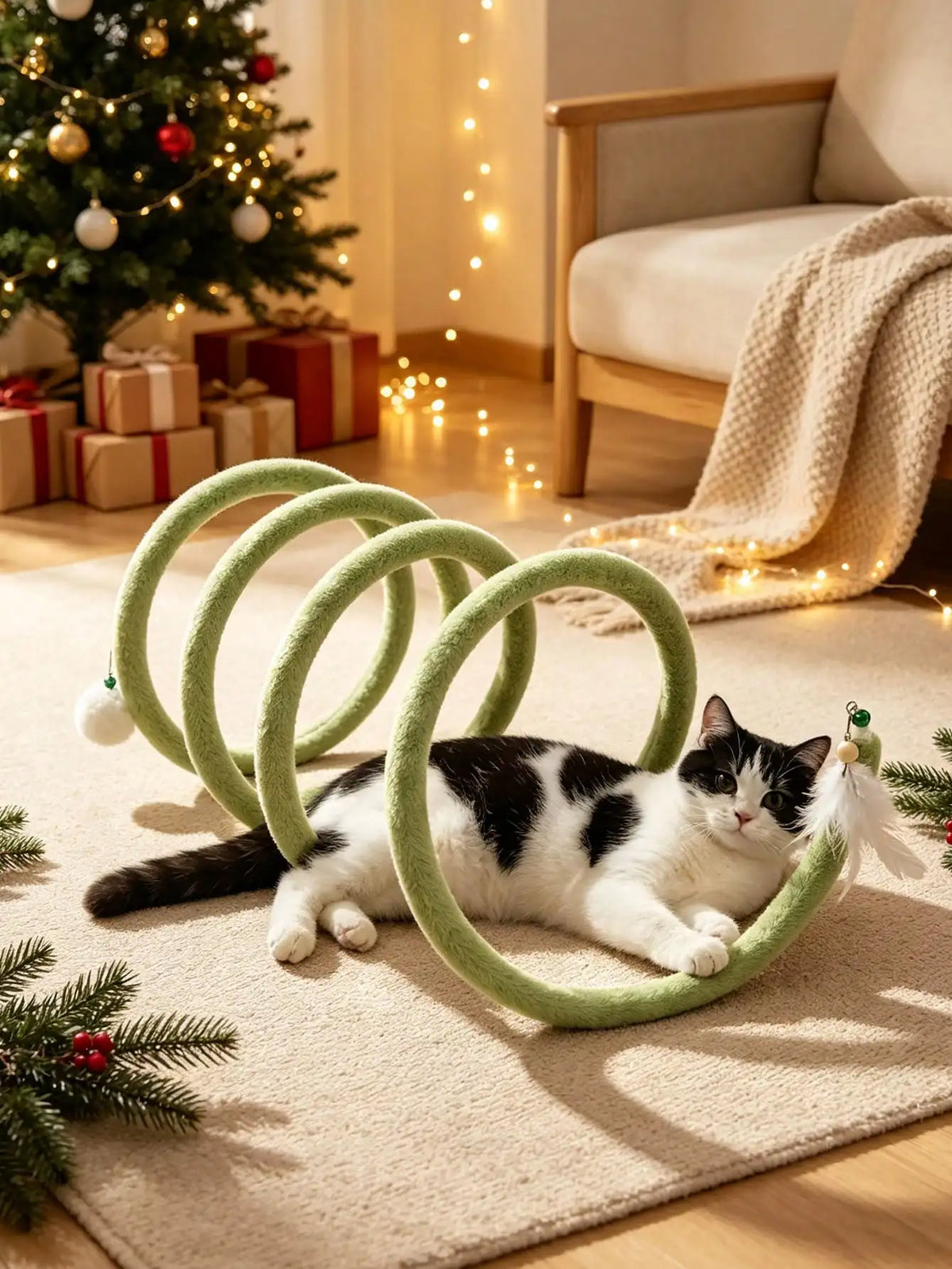 Flexible Spiral Cat Tunnel Toy with Bell – Foldable Interactive Cat Toy for Indoor Exercise & Self-Play