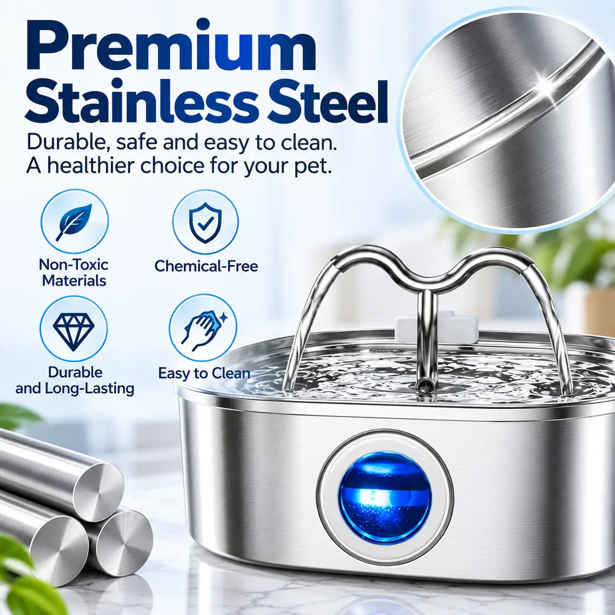3.2L Stainless Steel Cat Water Fountain – Continuous Flow Pet Drinking Fountain with Water Level Window