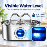 3.2L Stainless Steel Cat Water Fountain – Continuous Flow Pet Drinking Fountain with Water Level Window