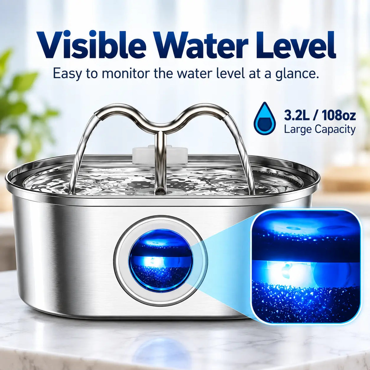 3.2L Stainless Steel Cat Water Fountain – Continuous Flow Pet Drinking Fountain with Water Level Window