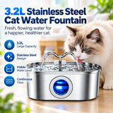 3.2L Stainless Steel Cat Water Fountain – Continuous Flow Pet Drinking Fountain with Water Level Window