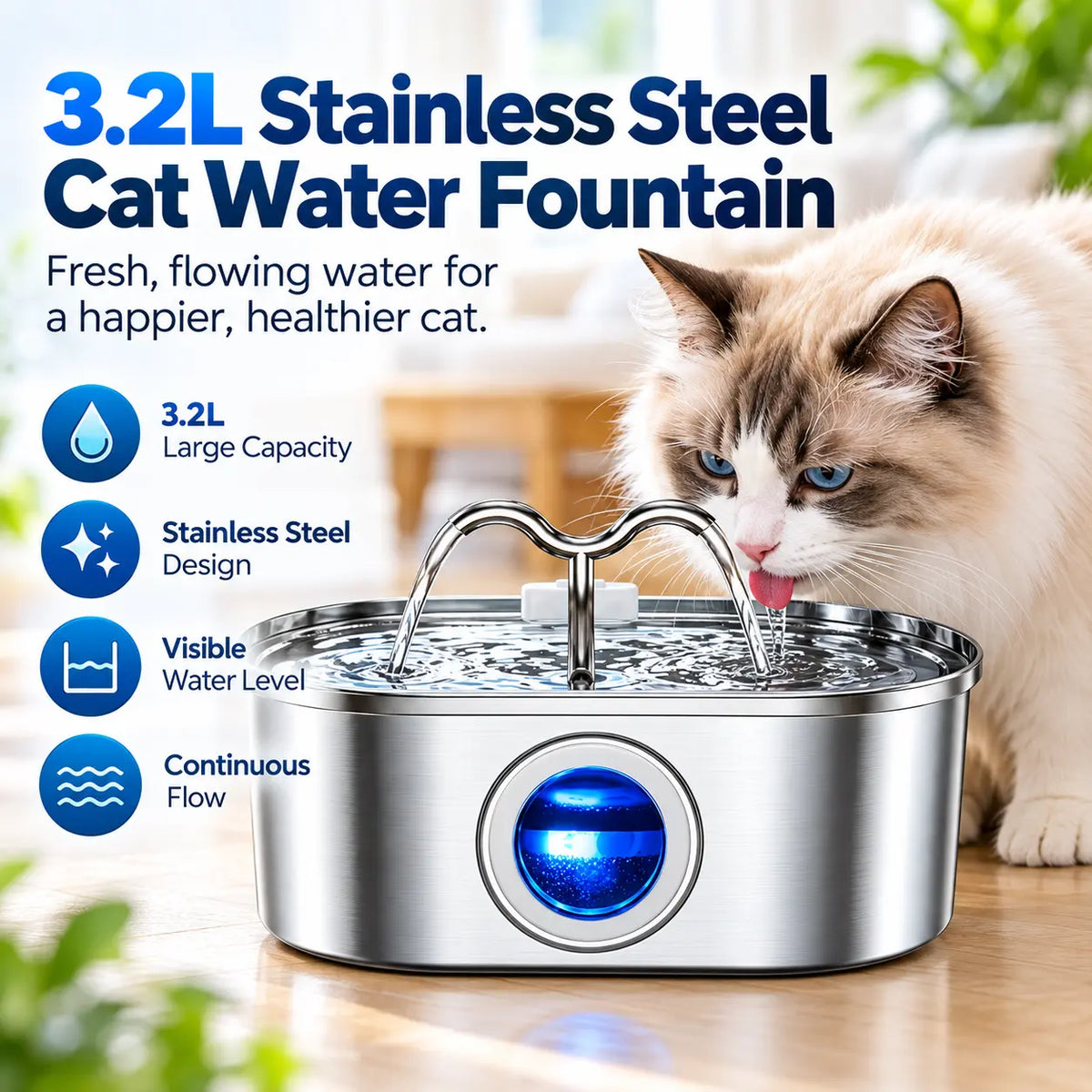 3.2L Stainless Steel Cat Water Fountain – Continuous Flow Pet Drinking Fountain with Water Level Window