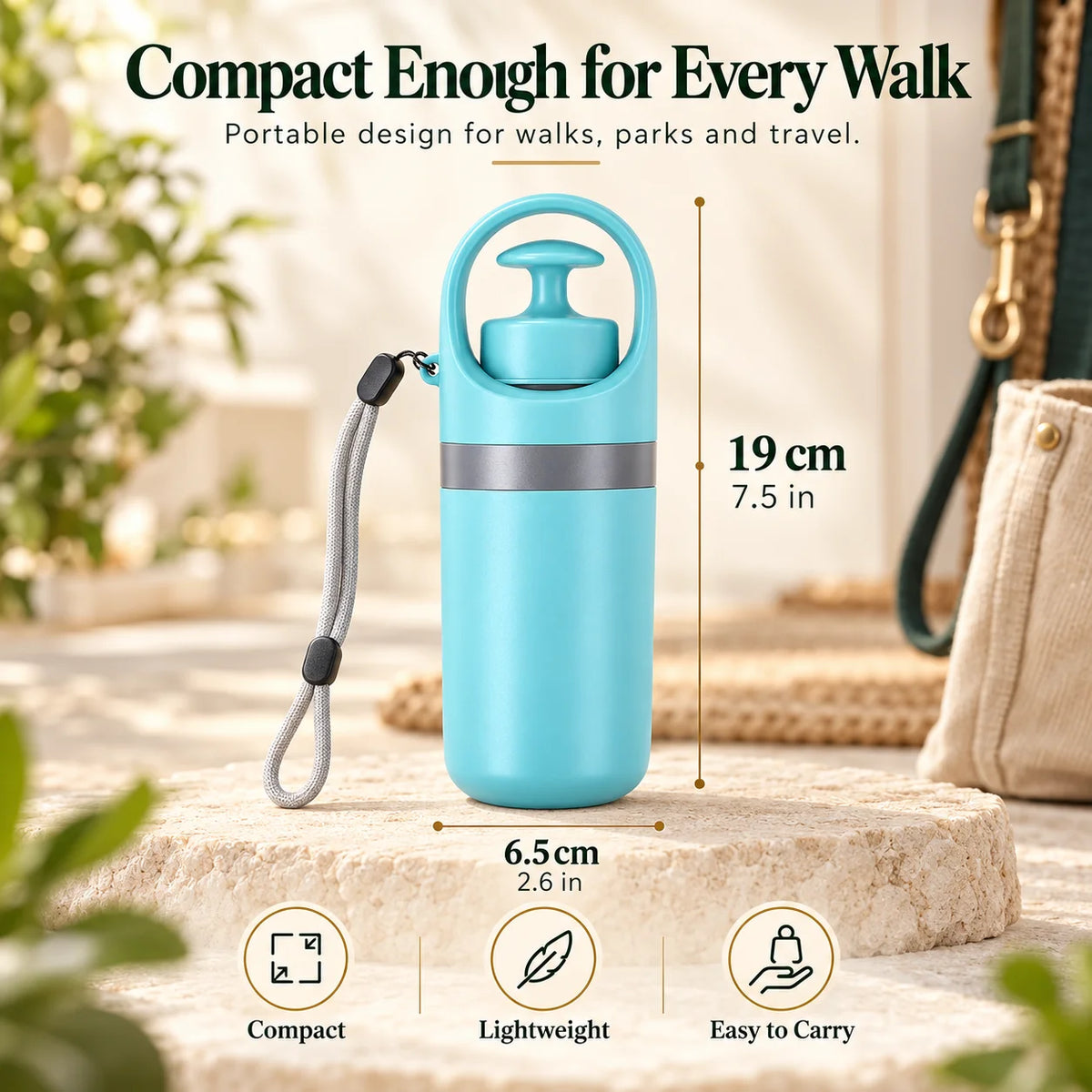 Portable dog pooper scooper size guide showing 19 cm height and 6.5 cm width with compact, lightweight, easy-to-carry design for walks and travel