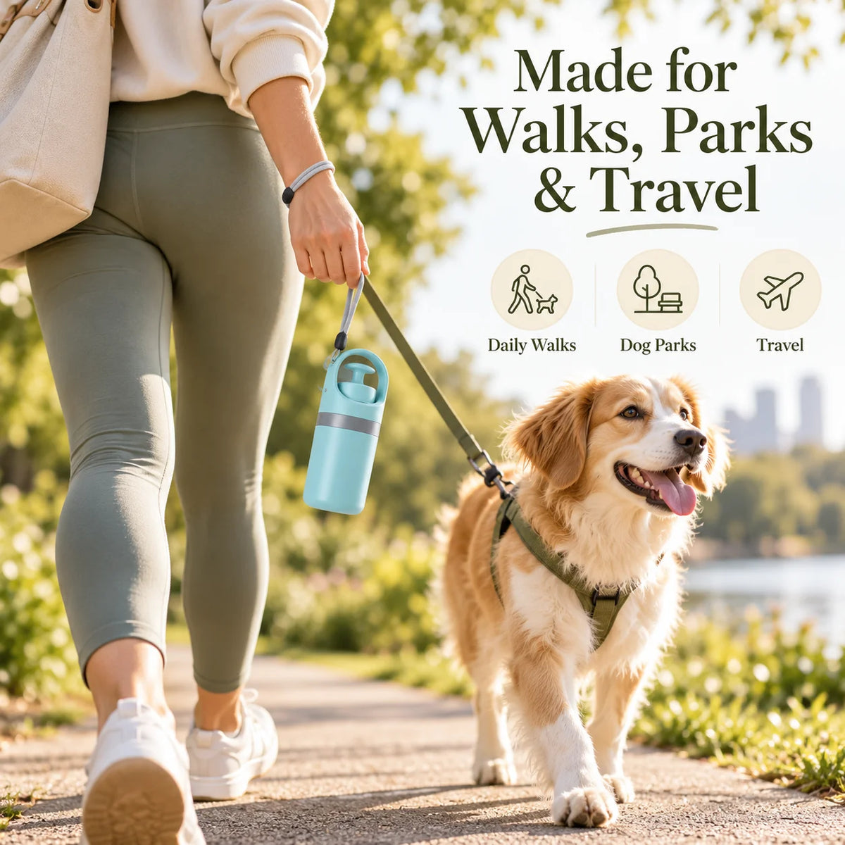 Portable dog pooper scooper hanging from a wrist strap during a park walk with a dog, designed for daily walks, dog parks, and travel