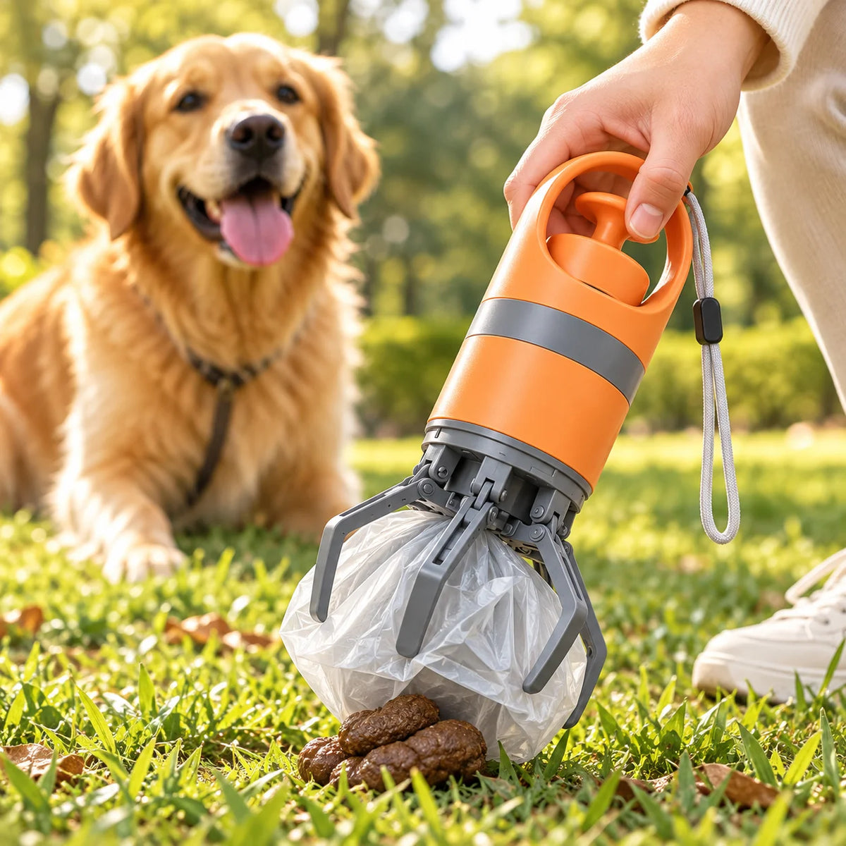 Orange portable dog pooper scooper with six-claw pickup mechanism and waste bag shown collecting dog waste during an outdoor walk