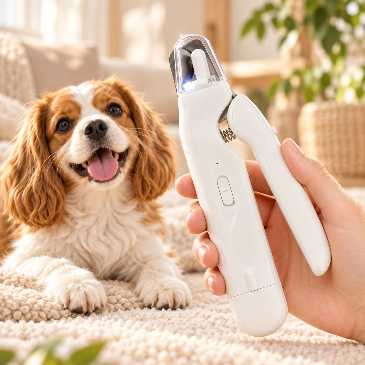 LED pet nail clippers for dogs with built-in light and ergonomic design, shown beside a relaxed dog for at-home grooming