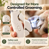 Pet nail clippers with safety lock and protective anti-splash cover for cleaner, more controlled grooming of dogs and cats
