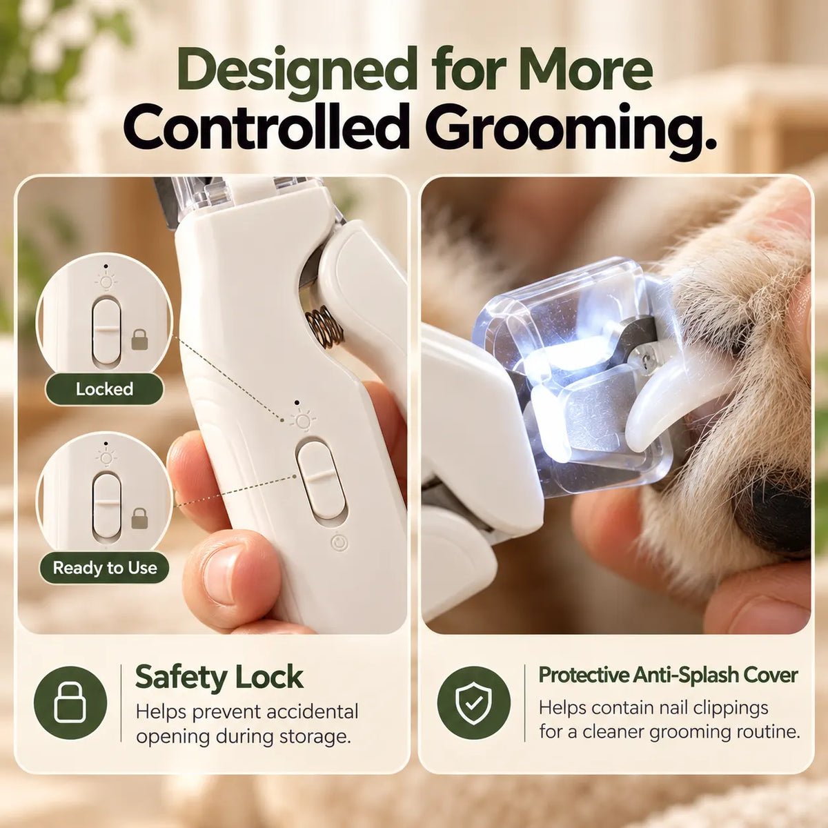 Pet nail clippers with safety lock and protective anti-splash cover for cleaner, more controlled grooming of dogs and cats