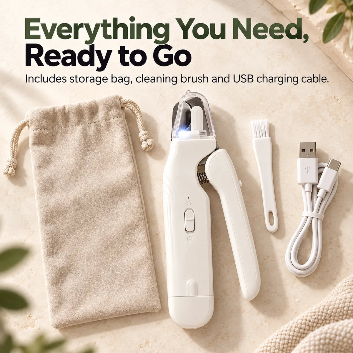 Pet nail clippers grooming kit with storage bag, cleaning brush and USB charging cable for convenient at-home pet nail care