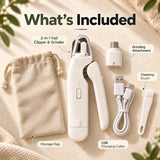Pet nail clippers grooming kit with 2-in-1 nail clipper and grinder, grinding attachment, USB charging cable, cleaning brush, and storage bag