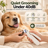 Quiet pet nail grinder under 40dB grooming a relaxed dog with low-noise, low-vibration trimming for a calmer at-home experience