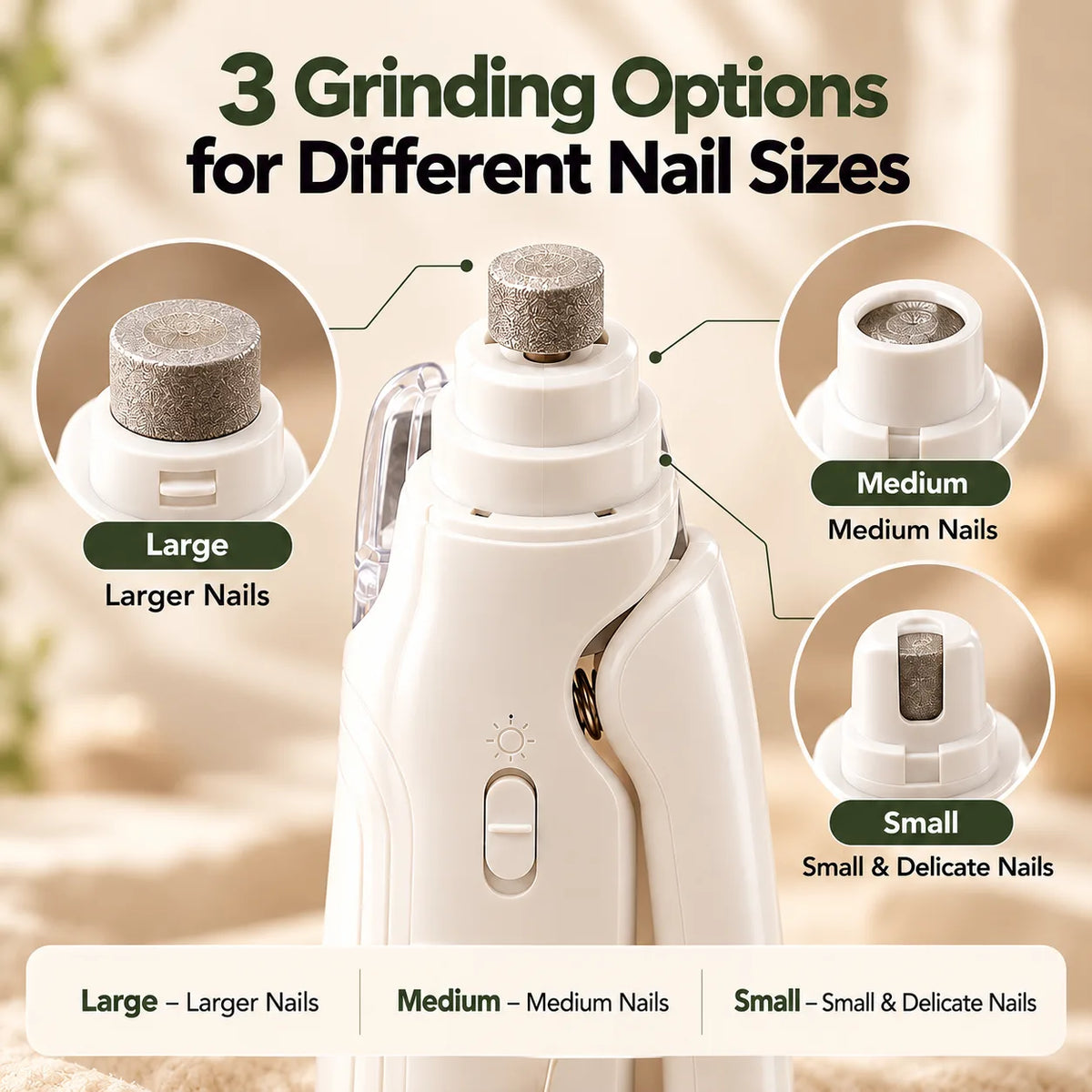 Pet nail grinder with three grinding options for large, medium, and small pet nails, designed for dogs, cats, and delicate nail care
