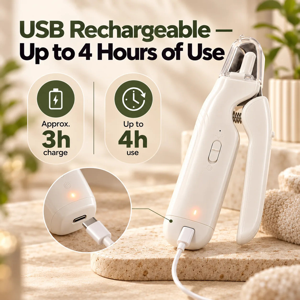 USB rechargeable pet nail grinder with approximately 3 hours charging time and up to 4 hours of use for convenient at-home grooming