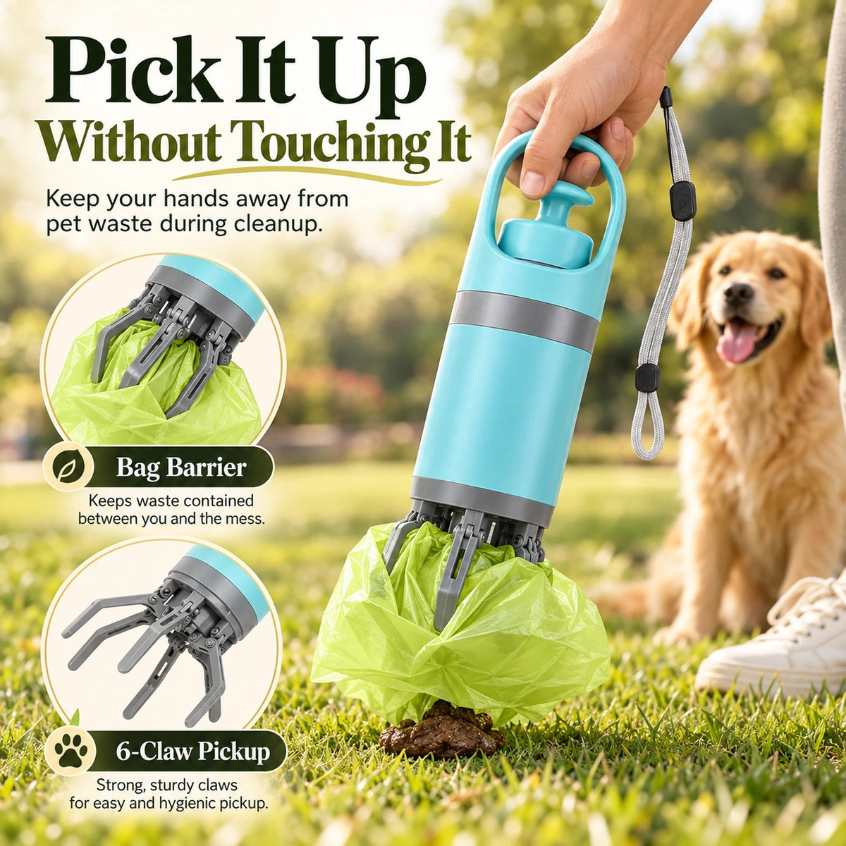 Portable dog pooper scooper with waste bag and six-claw pickup mechanism shown during an outdoor walk with a golden retriever