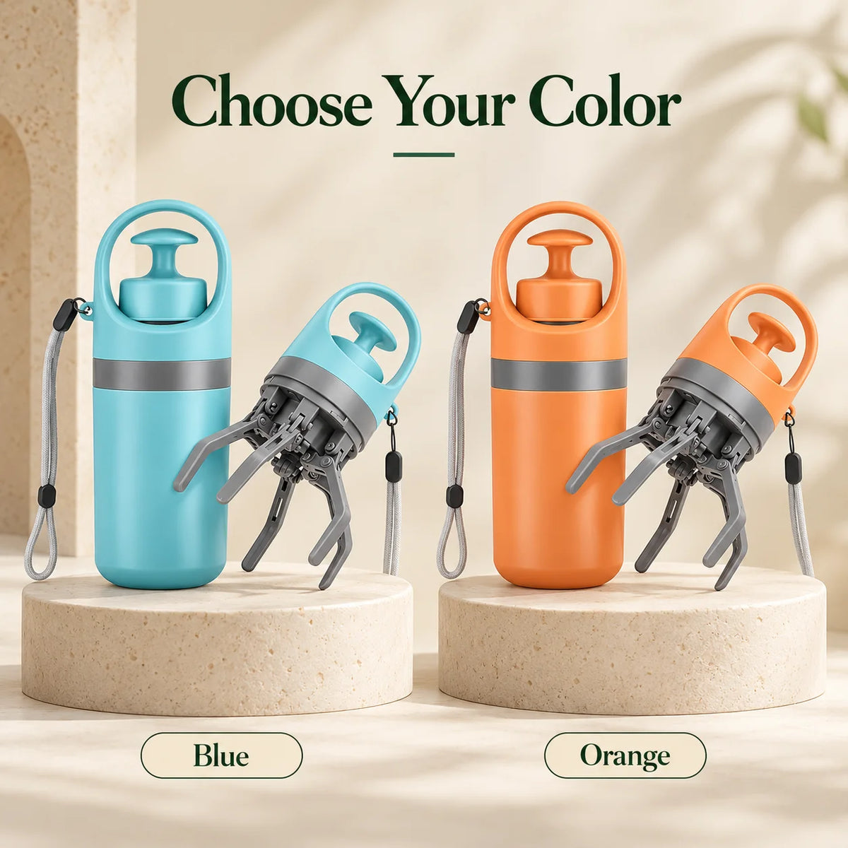 Portable dog pooper scooper available in blue and orange with six-claw pickup mechanism, wrist strap, and compact cylindrical design