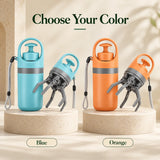 Portable dog pooper scooper available in blue and orange with six-claw pickup mechanism, wrist strap, and compact cylindrical design