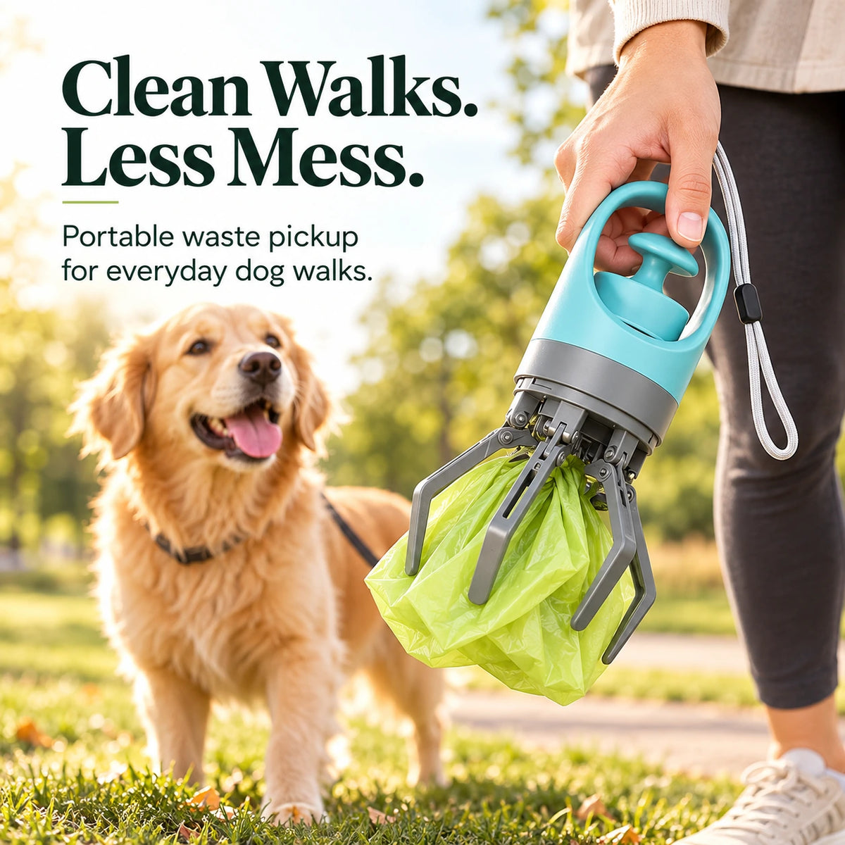 Portable dog pooper scooper with waste bag and six-claw pickup mechanism shown during an outdoor walk with a golden retriever
